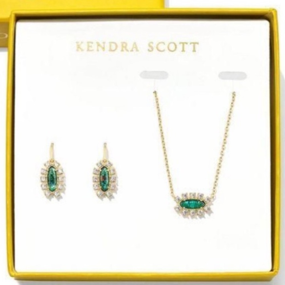 Kendra Scott Emma Framed Pendant Necklace & Drop Earrings in Green and Goldtone